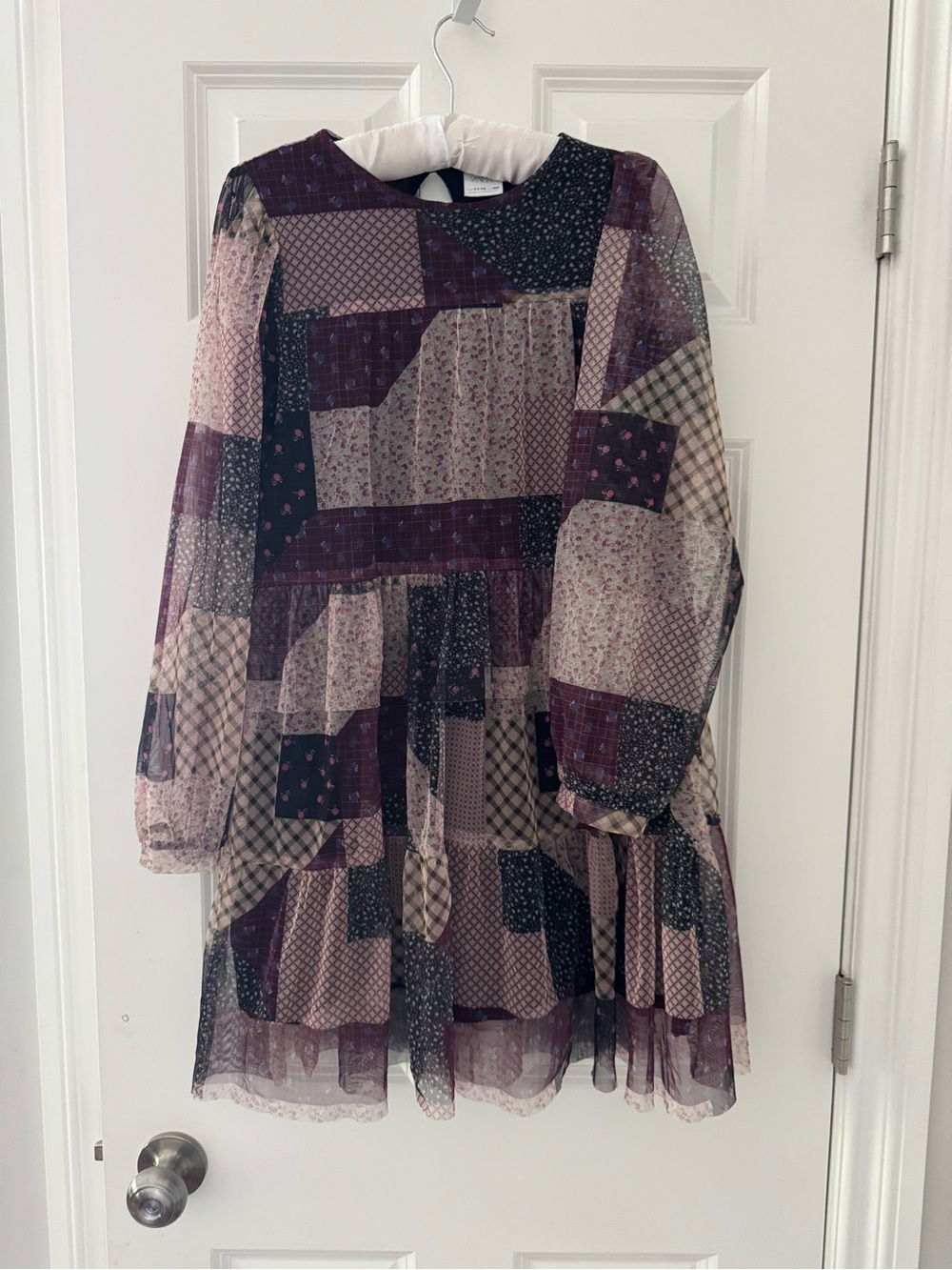 Zara Girls' Patchwork Tiered Dress - Plum & Cream